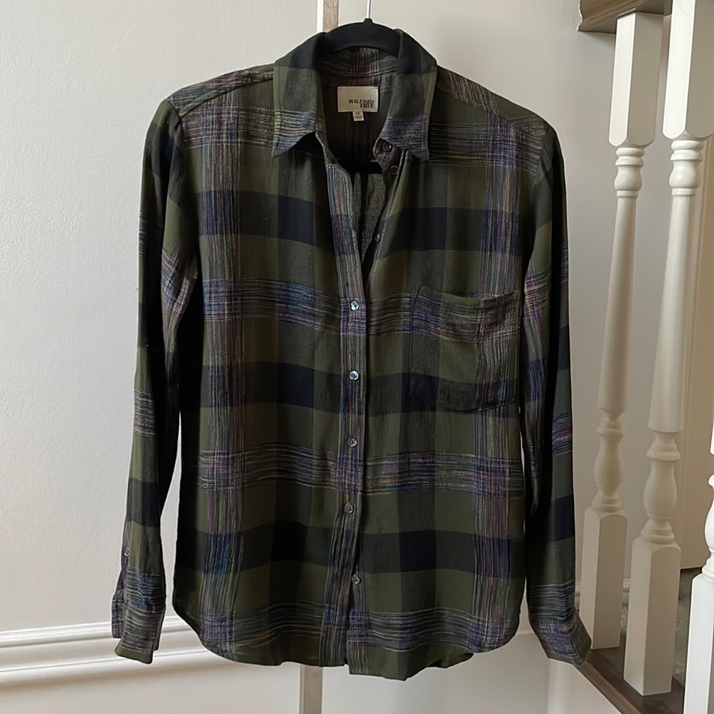 Wilfred Free Daphne plaid blouse olive green sz XS